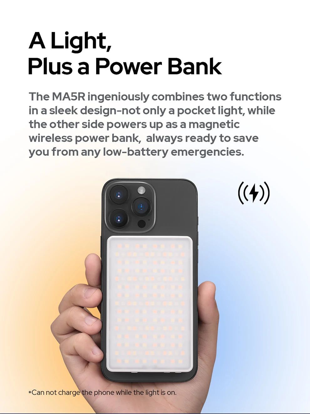 MA5R rectangular LED light and magnetic wireless power bank attached to the back of a black smartphone.