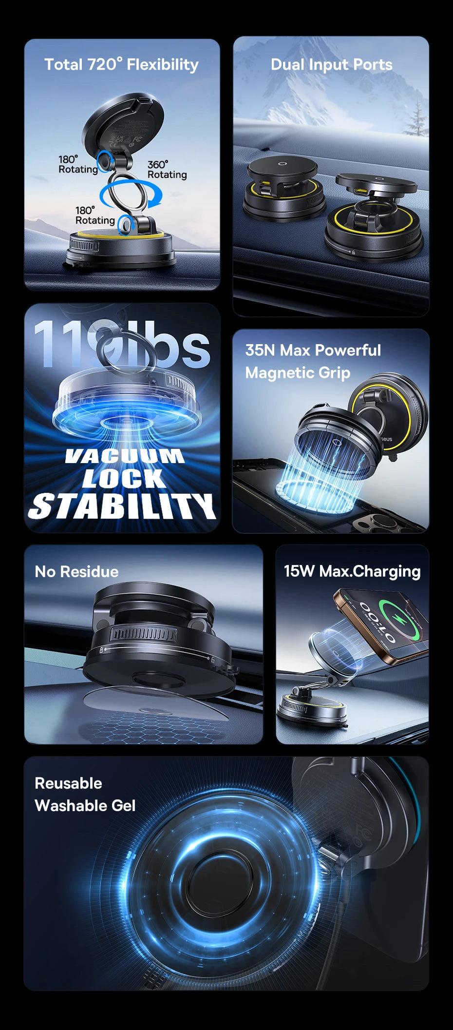 Magnetic Car Phone Holder & Qi Certified Fast Wireless Charger - Silver Tidesmit