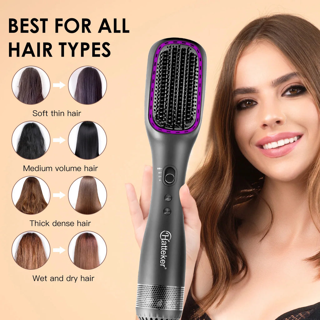 Hatteker hot air hair straightening brush in grey with purple accents for all hair types, wet or dry styling.
