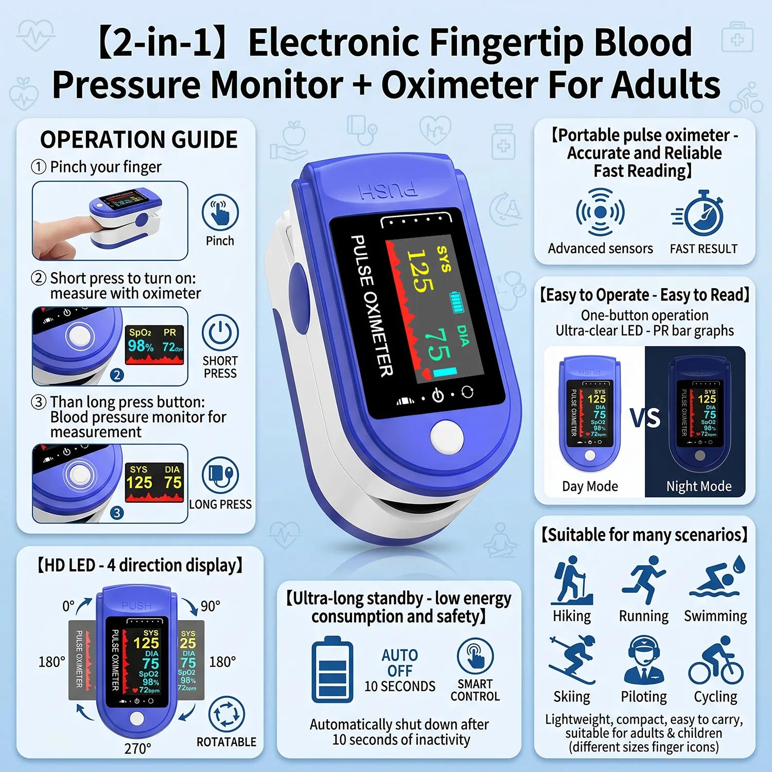 2 in 1 Digital Fingertip Pulse Oximeter & Blood Pressure Monitor Household OLED Screen Blood Oxygen Pressure Meter For Home Use
