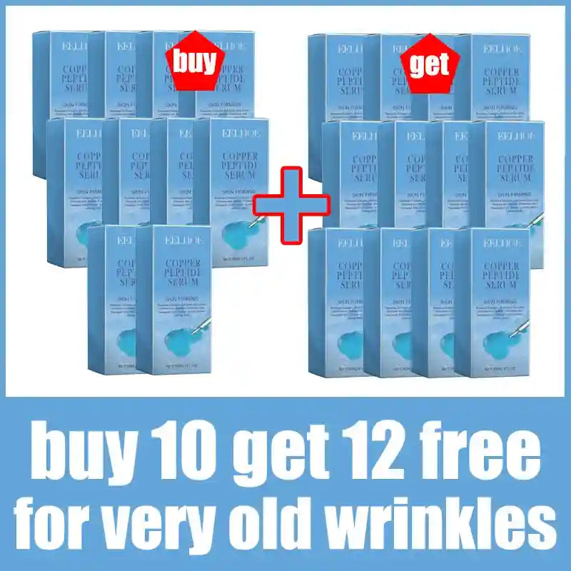 Many blue rectangular boxes of EELHOE Copper Peptide Serum arranged with a "buy 10 get 12 free" promotion banner.