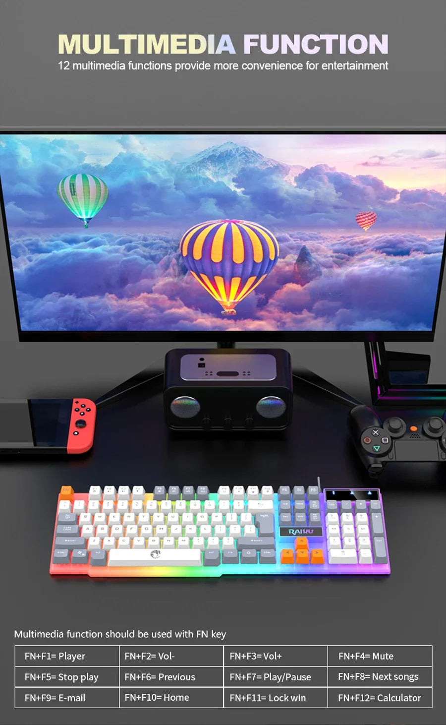 Single Keyboard and Keyboard Mouse RAIKU T26 Three Tone Luminous Keyboard Mouse Wired Mechanical Touch Gaming Mouse Keyboard Set