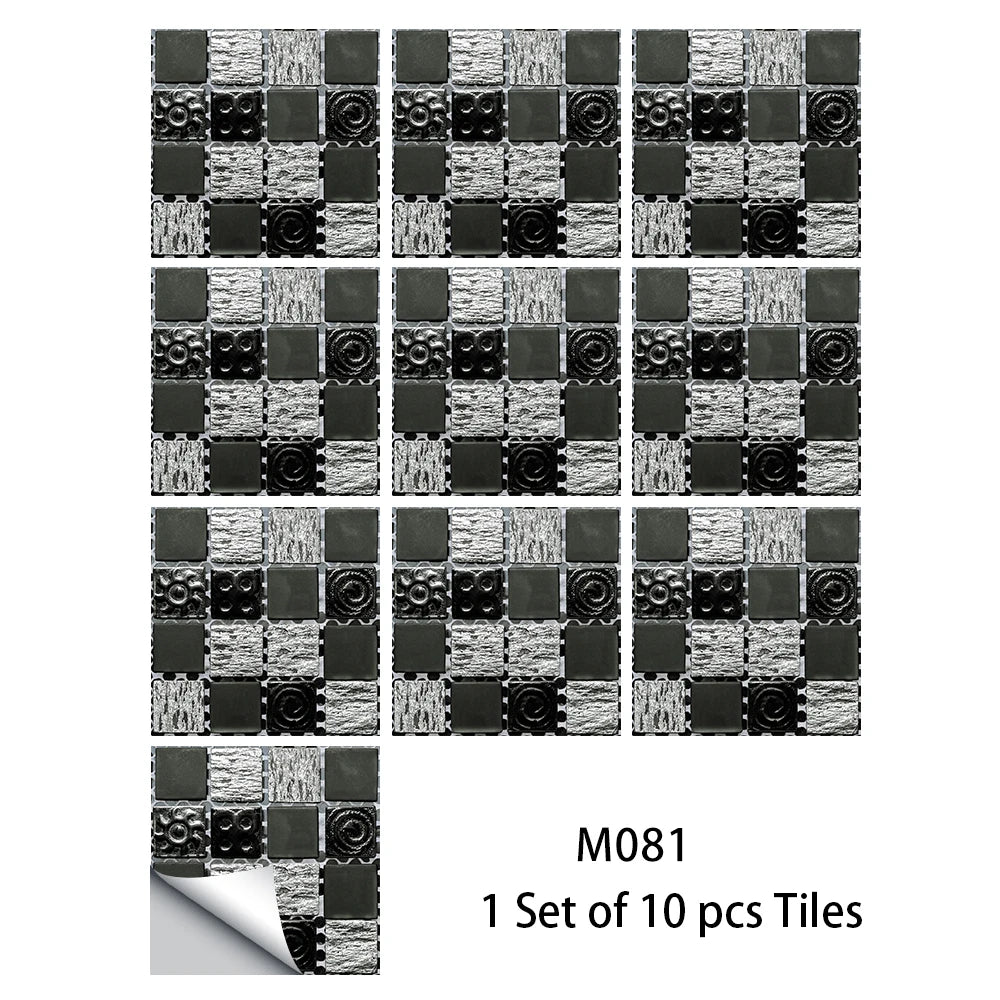 Glossy black and silver mosaic tile sticker set of 10 pcs, dark square tiles