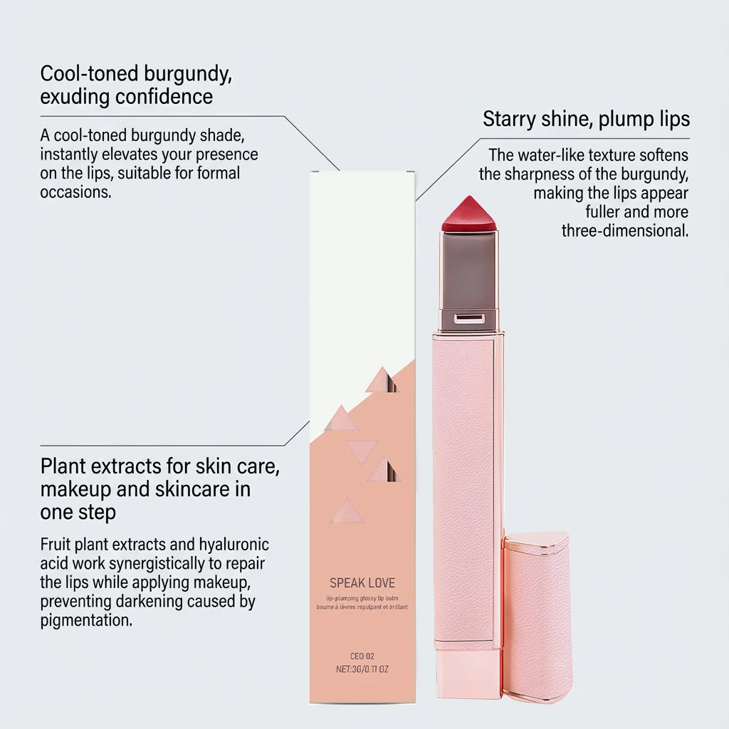 Burgundy hydrating lip balm stick with a glossy, plumping finish for dry, chapped lips in a sleek pink metal case.