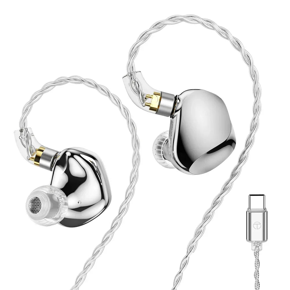 Silver in-ear monitors with braided cables, clear silicone tips, and a USB-C connector for high-fidelity audio.