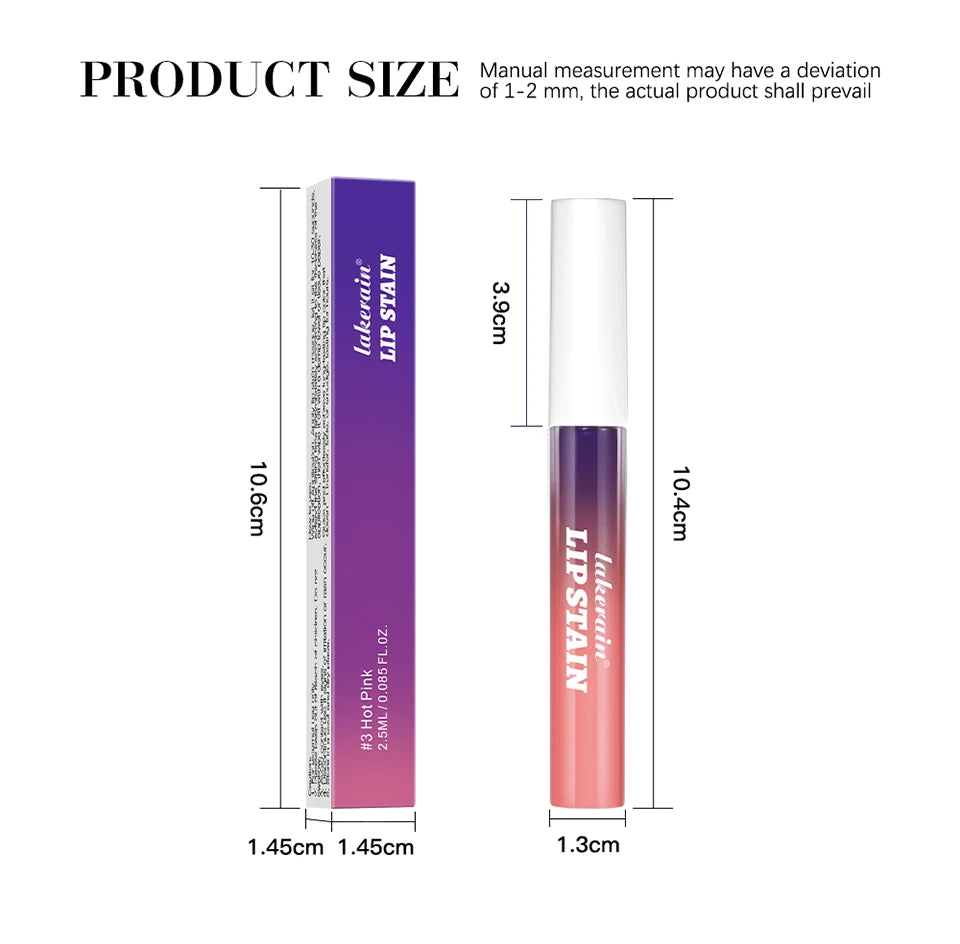 Lakerain waterproof pink peel-off lip stain tube and box packaging with product size dimensions for lip makeup.