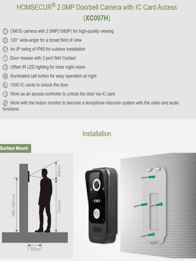 4 Wire IP65 HD Doorbell Camera 13.56Mhz IC Card Access 120° View Angle For HOMSECUR 1080P Tuya WIFI Video Doorbell Intercom