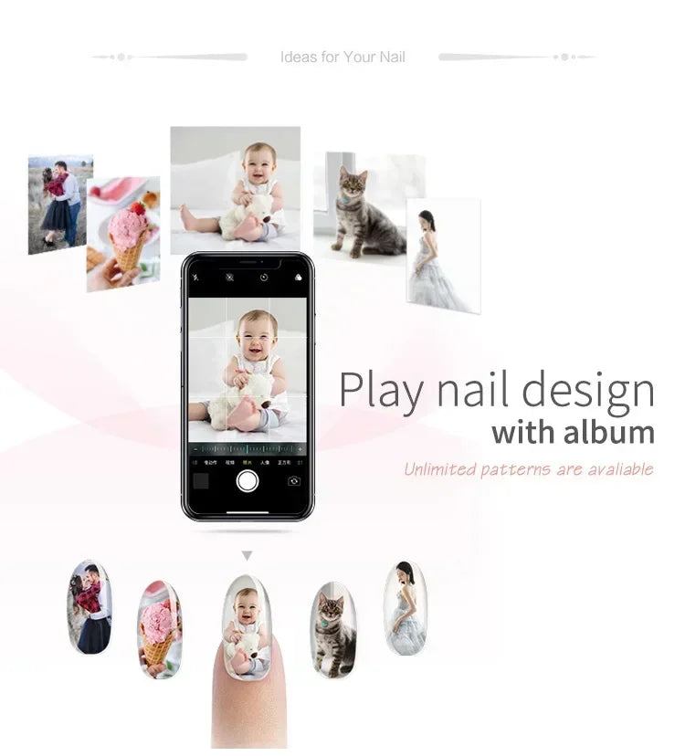 Custom photo nail art decals, showing smartphone photos converted into oval, clear-backed designs applied to