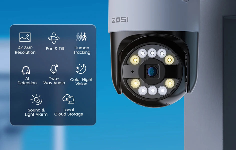 ZOSI C296 4K/3K PoE PTZ Security IP Camera Outdoor AI Detection Starlight Color Night Vision 8MP/5MP HD Video Surveillance Cam