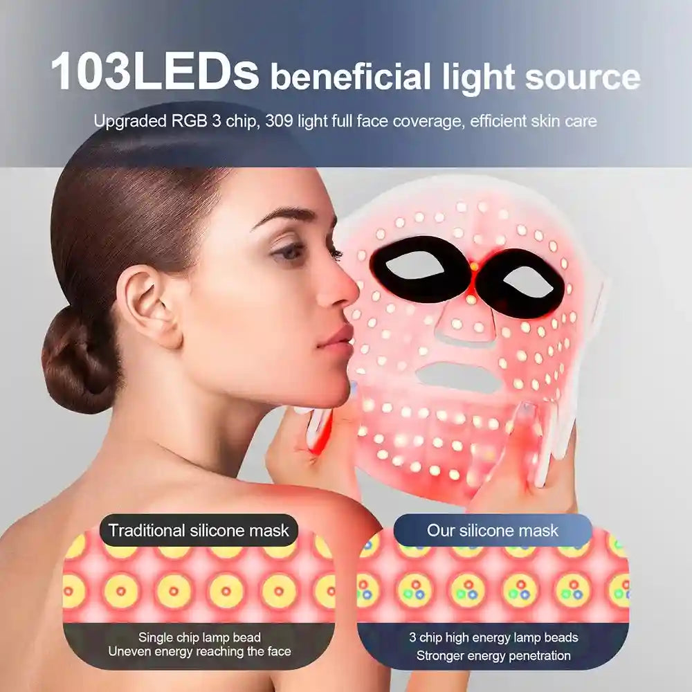 Flexible silicone LED light therapy mask with 103 red-light emitting diodes held by a woman.