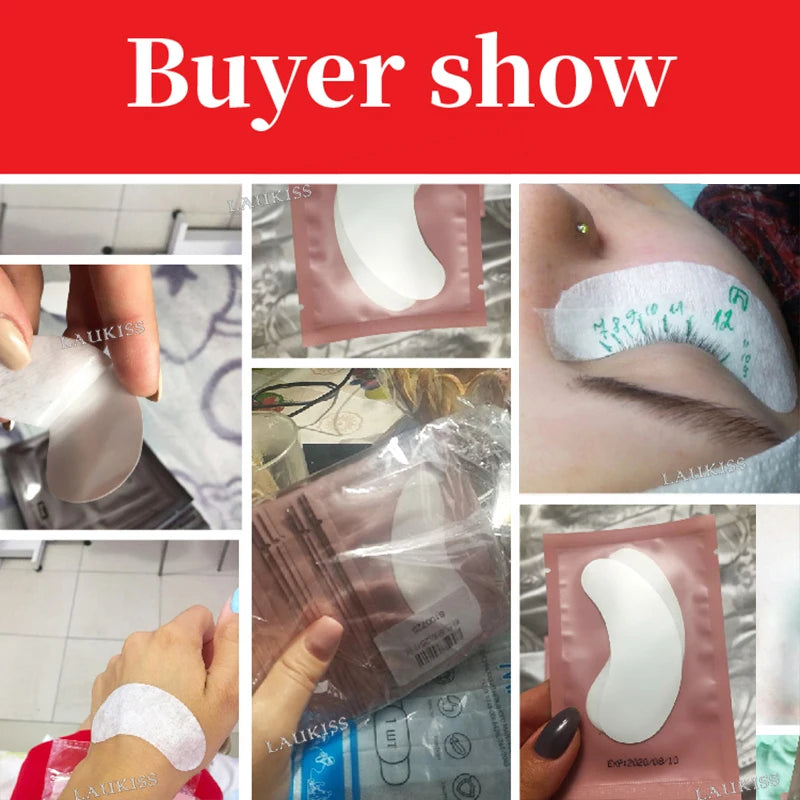 White gel under-eye lash extension patches in pink individual packaging for professional eyelash mapping and application.