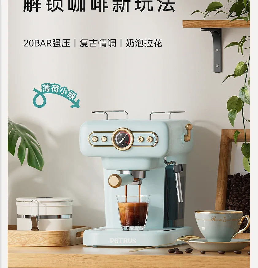 Petrus vintage-style 20-bar espresso machine in mint green with pressure gauge and milk steam wand.
