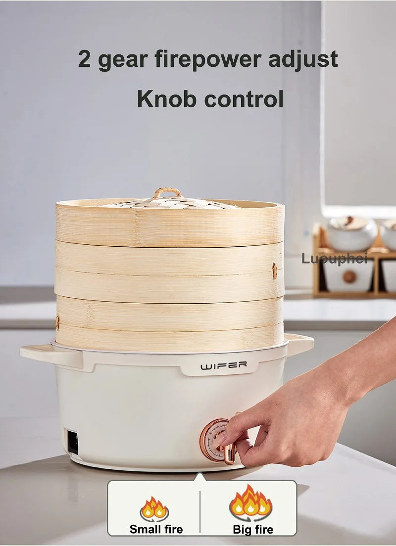 Beige electric steamer base with bamboo lid and rotary control knob