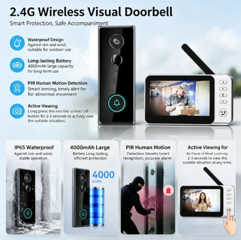Waterproof 4000mAh Video Monitoring Doorbell 4.3 Inch IPS screen PIR motion sensor Two-way intercom 1080P Video Doorbell Camera