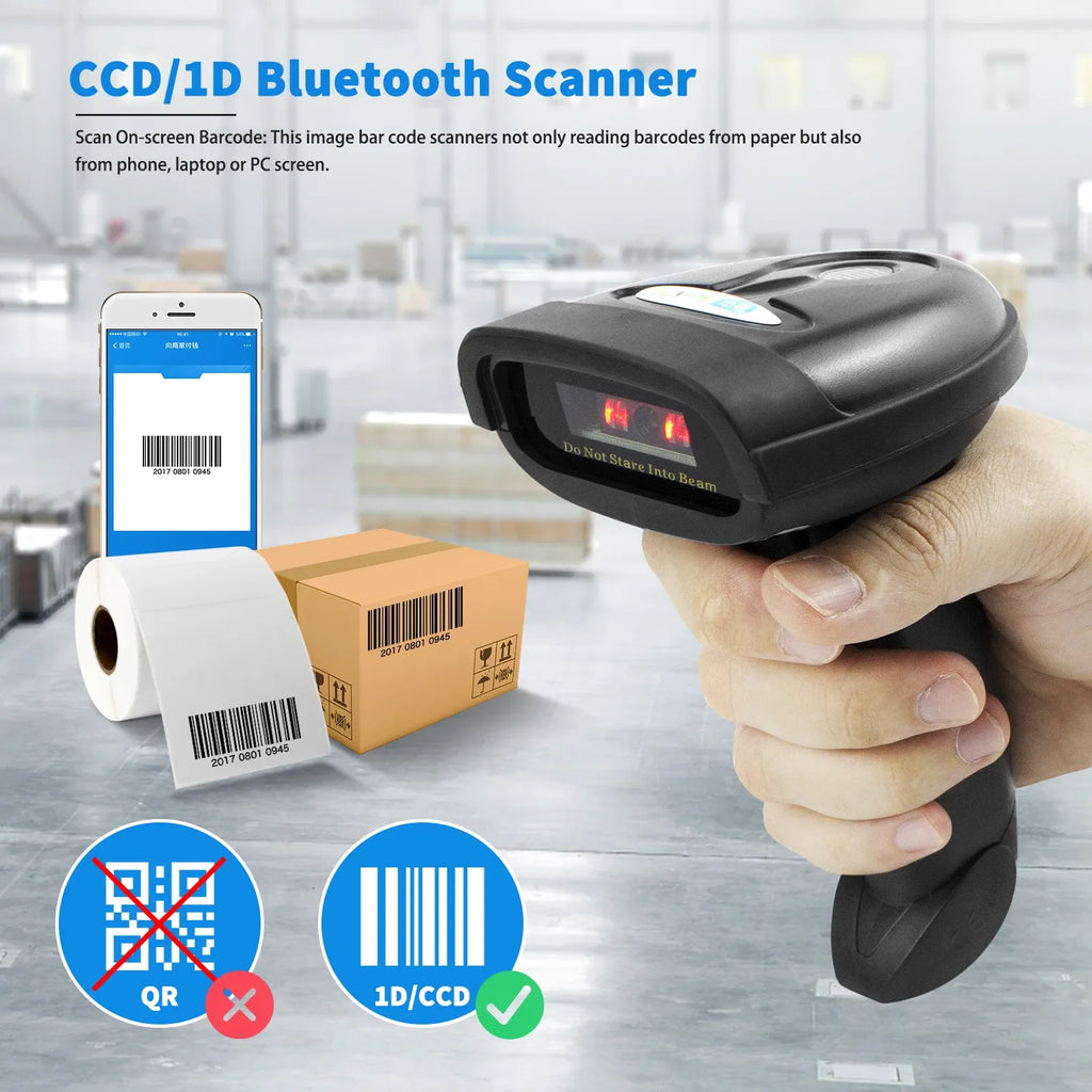 Handheld black barcode scanner pointed at a shipping box during scanning