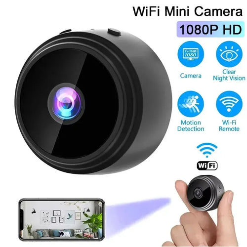 Black dome mini WiFi camera with front lens and compact base on tabletop.