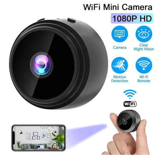 Black WiFi mini security camera with lens and compact tabletop stand