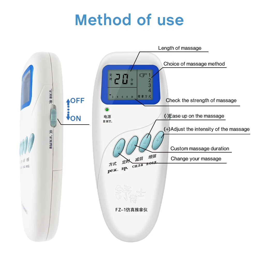 White portable TENS unit electric muscle stimulator with LCD screen, control buttons, and pain relief settings display.