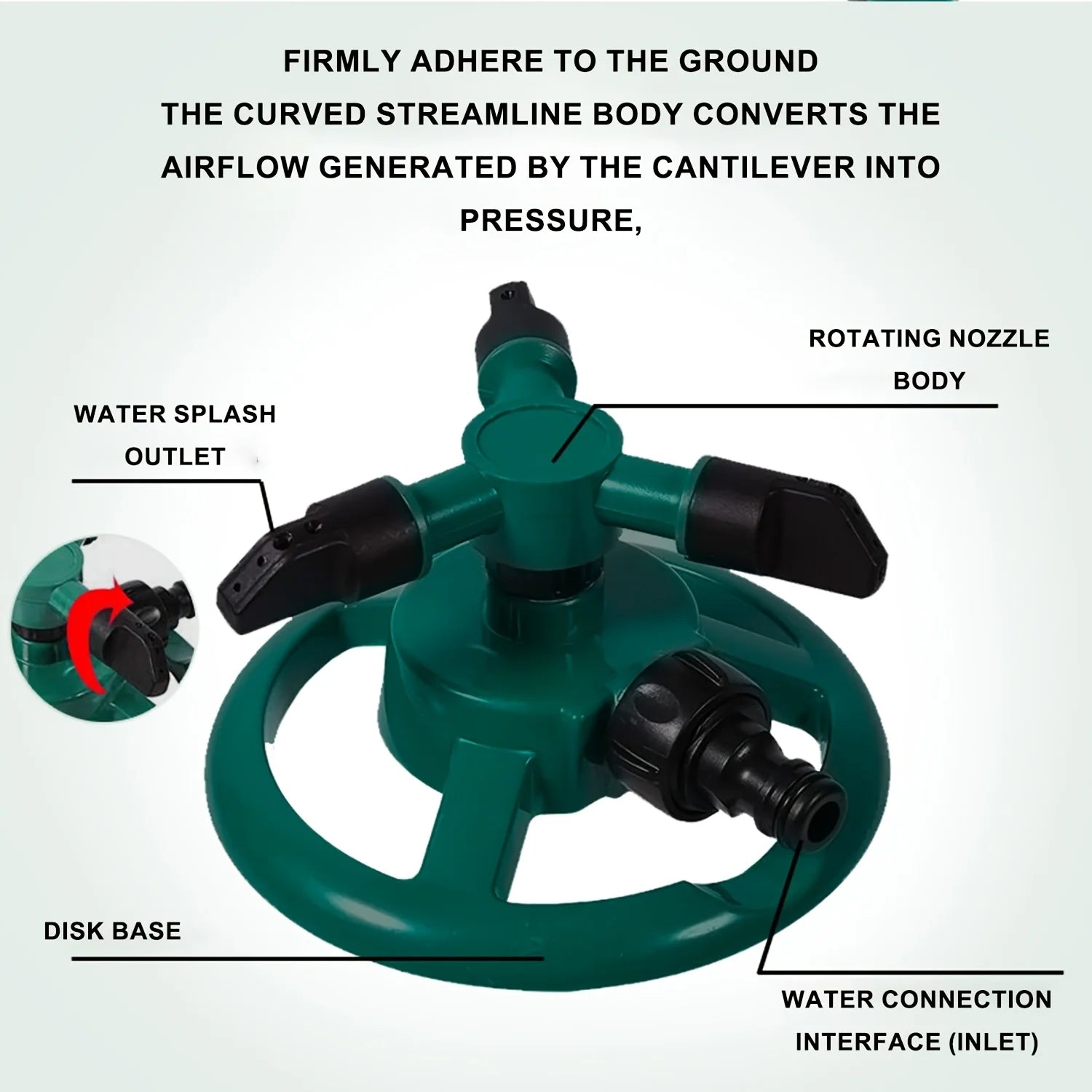 Green rotating sprinkler nozzle with black outlet nozzles and water connection inlet