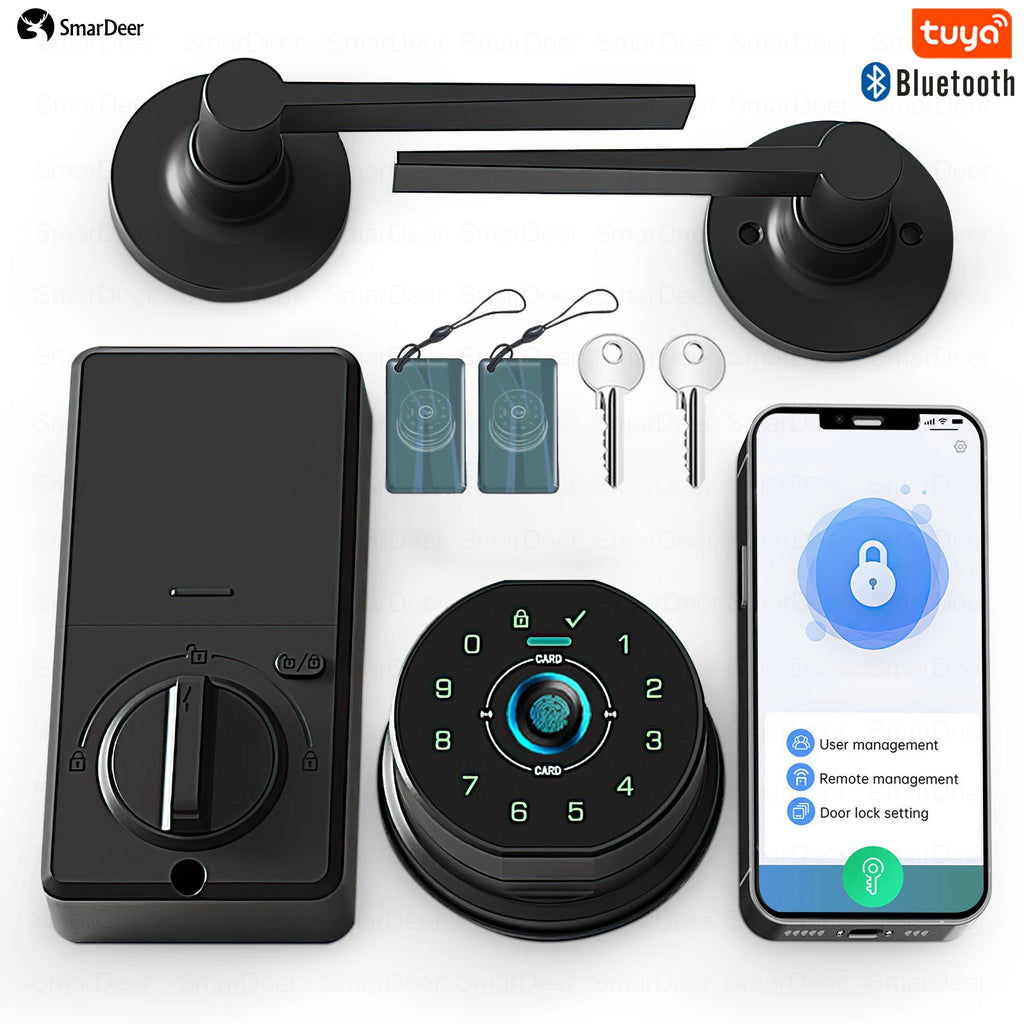 SmarDeer Fingerprint Door Lock, Electronic Keyless Entry Door Knob Lock with Handle, Remote Passcode Generation for Tuya Smart
