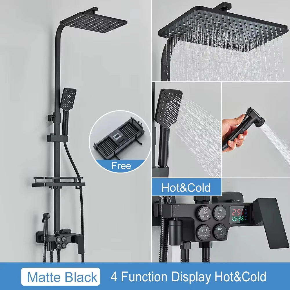 Thermostatic Display Screen Shower Faucet Bathroom Rotate Bath Tub Bidet Shower Push Button Rainfall Head Mixer Tap