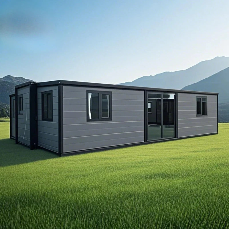 Gray modular container house with dark frame and multiple black-framed windows