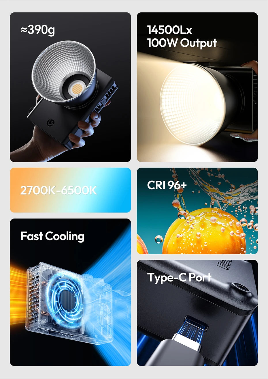 100W COB LED Video Light Bi-Color 2700-6500K Studio Lighting Tidesmit