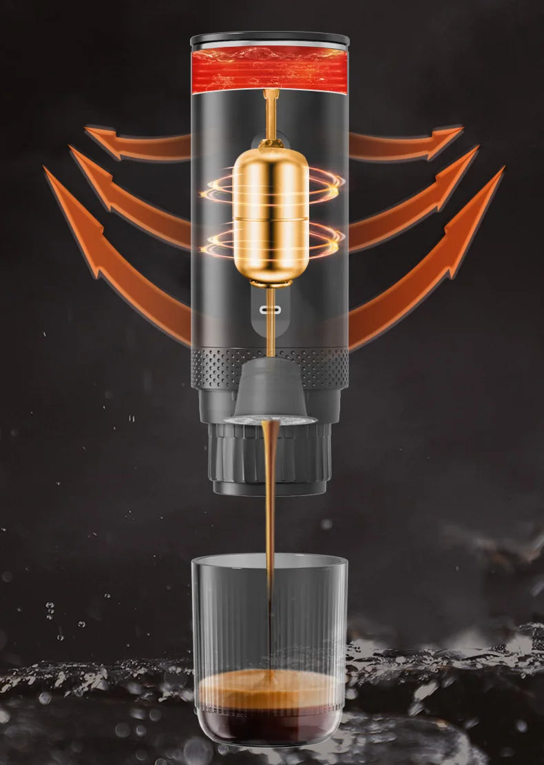 Portable black espresso coffee maker with gold internal capsule mechanism pouring coffee into a clear glass tumbler.