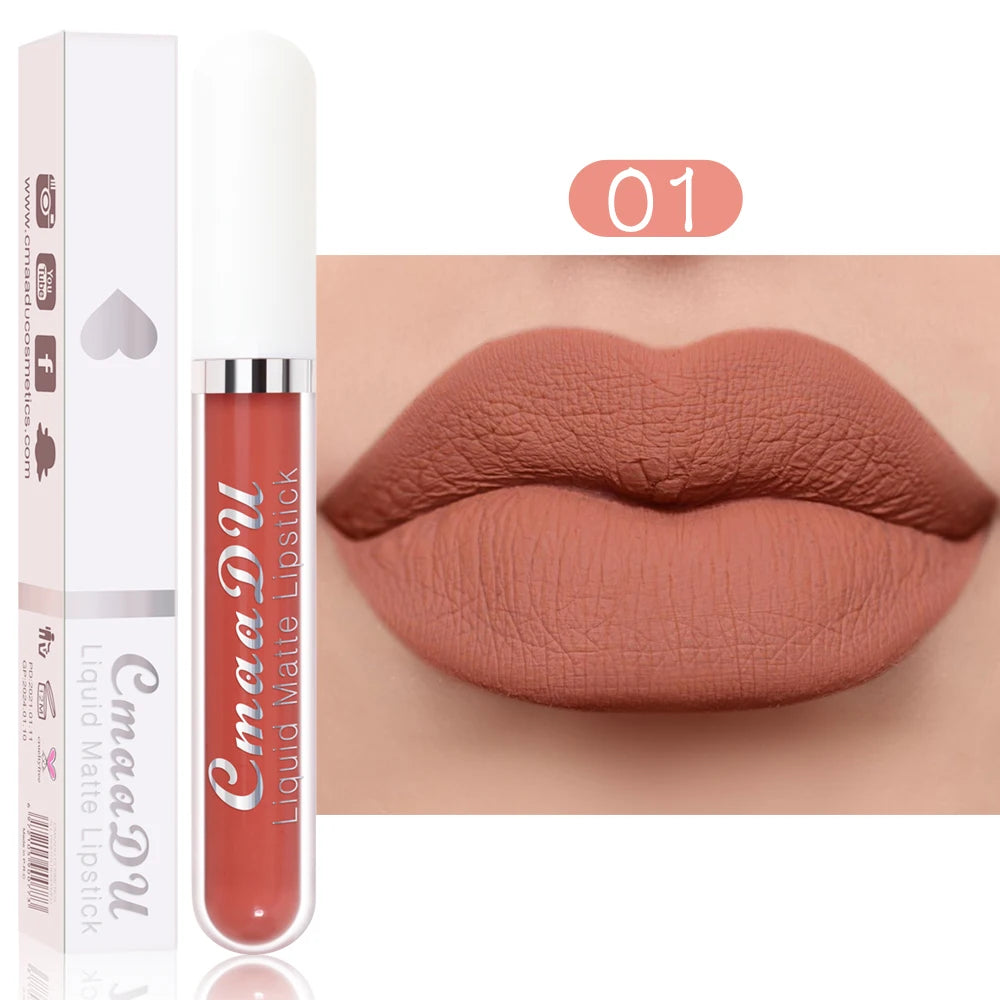 Cmaadu long-lasting matte liquid lipstick in warm nude shade with a non-stick, waterproof finish on lips.
