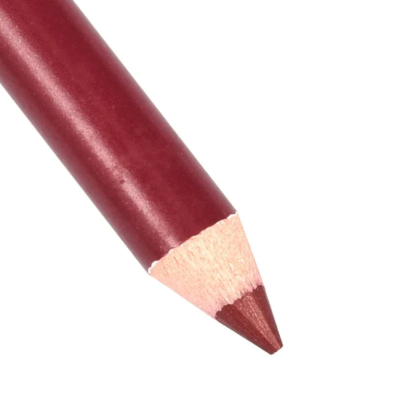 Deep red waterproof velvet matte lip liner and multi-use makeup pen with a sharpened wood tip for precise application.
