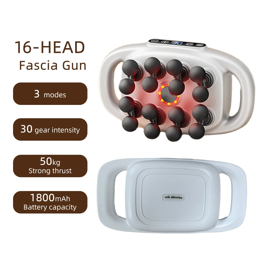 16-head fascia gun with white frame, black massage nodes, and rear handle, designed for muscle recovery and massage.