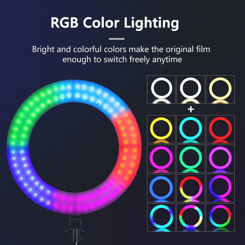 Circular RGB LED ring light for photography and video, showing various color and lighting mode options.