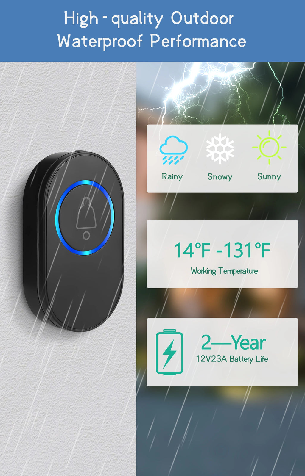 Wireless Doorbell 39 Music LED Flash Security Alarm Outdoor IP65 Waterproof Smart Home Intelligent Door Bell Chime Kit