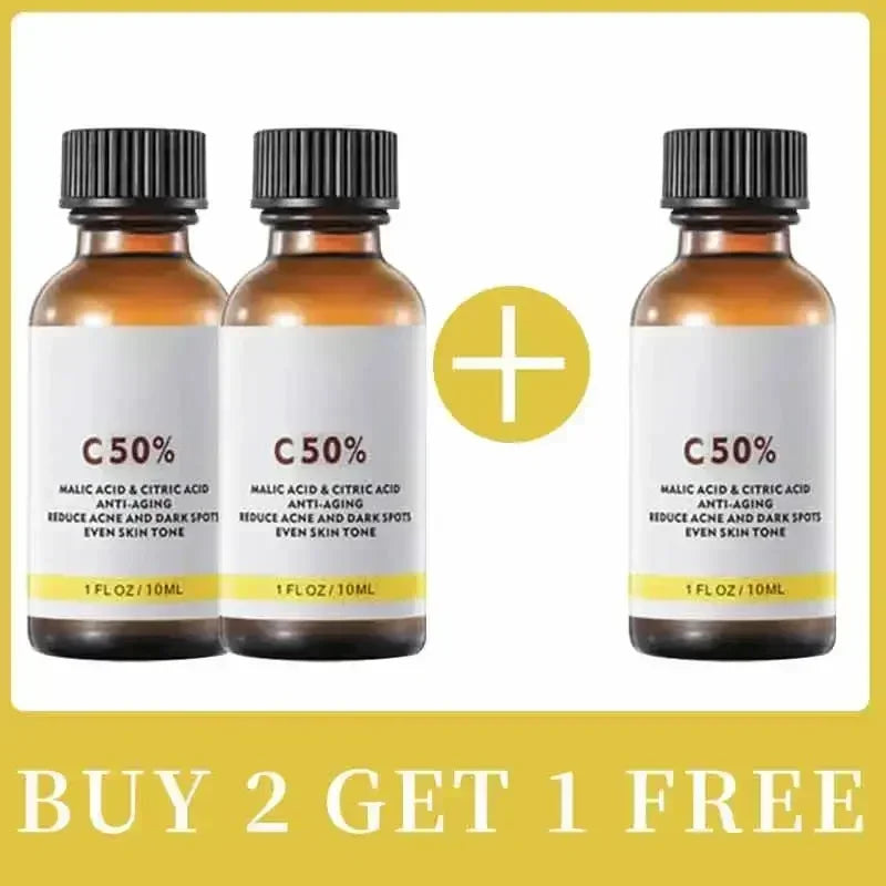 Bundle of three C50% peel serum bottles, amber glass with black caps and C50% labels