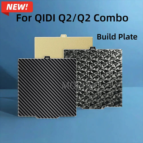 Square textured build plate inserts, dark carbon-fiber pattern and geometric pattern options