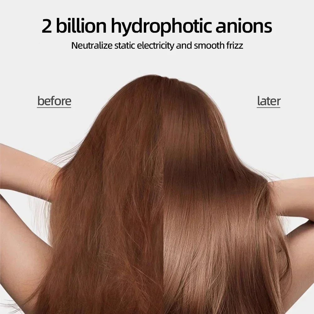 Comparison of frizzy vs. smooth hair using high-speed negative ion hair dryer technology for quick, silent drying.
