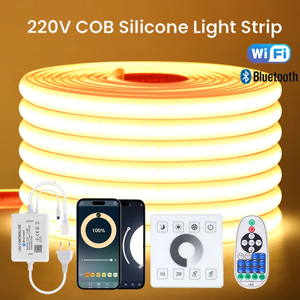 220V Dimmable COB LED Strip Light WIFI Bluetooth Wall Touch 23key Remote Control Power Kit 288LEDs/M Waterproof Flexible Lamp