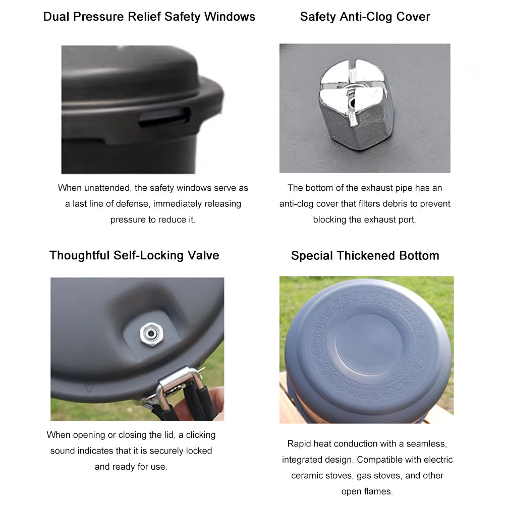 Gray pressure cooker safety windows, anti-clog exhaust cover, and thickened base detail