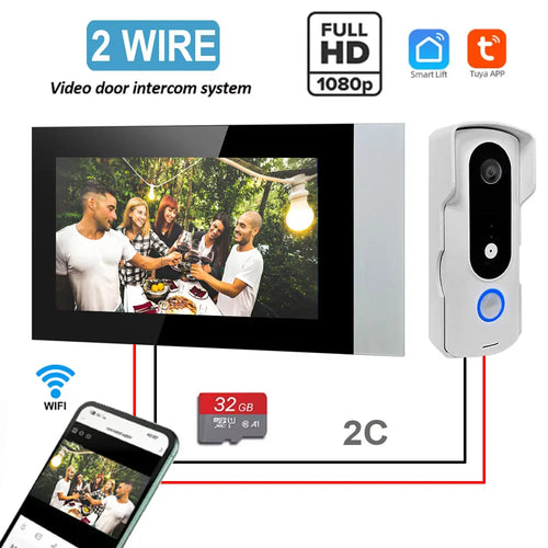 White 2-wire video intercom monitor and outdoor call panel with camera and blue button