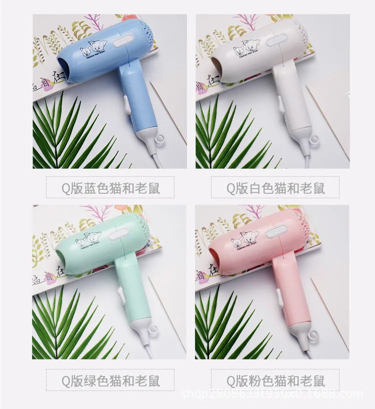 Portable 400W mini folding hair dryer in blue, white, green, and pink with cute cat print for travel and dorms.