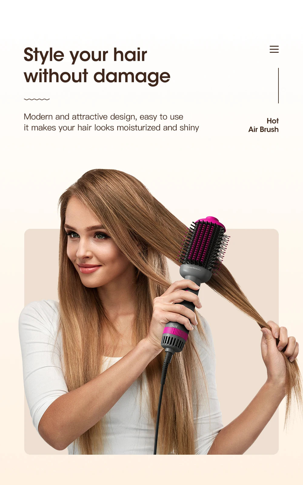 Kinseibeauty hot air brush styling tool with grey and pink design, featuring a detangling straightening hair dryer.