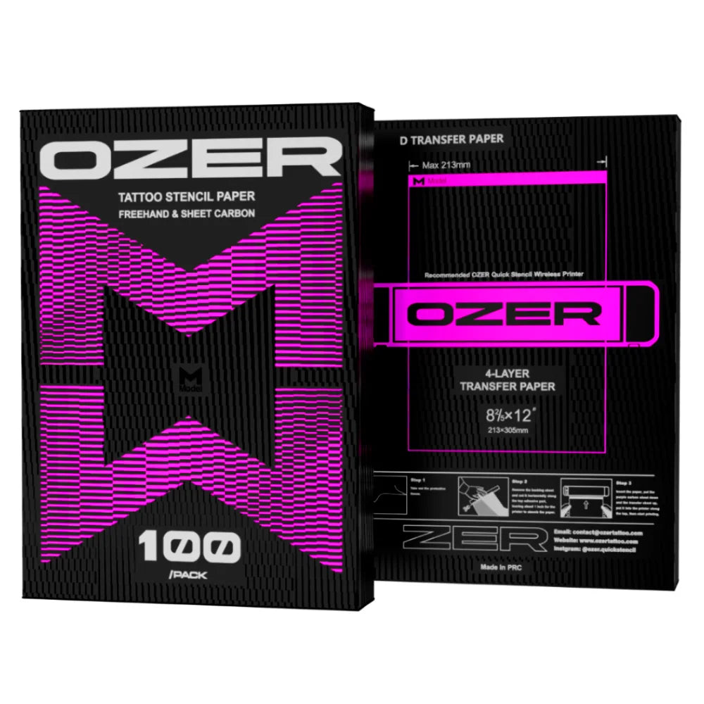 100-pack of 8.5x12 inch 4-layer tattoo stencil transfer paper in black and neon pink packaging.