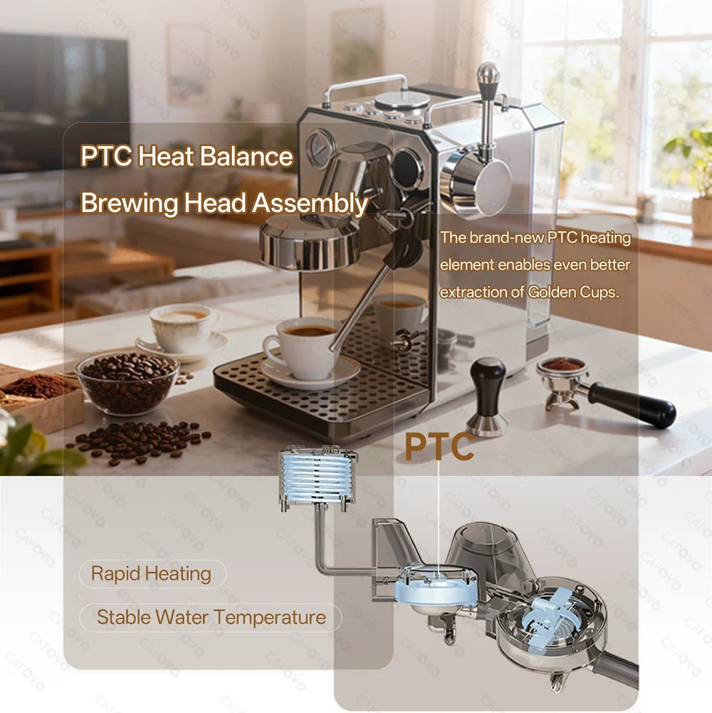 Cafoyo stainless steel espresso machine with PTC heating element, steam wand, and portafilter on a kitchen counter.
