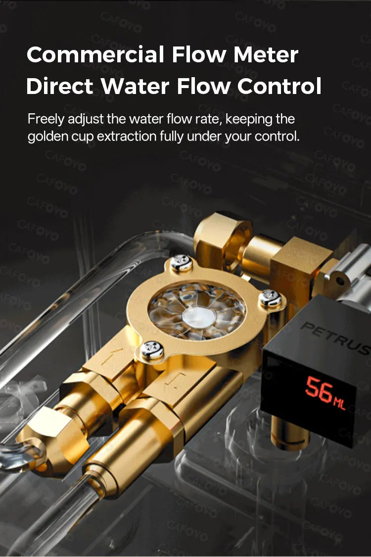 Petrus commercial coffee machine brass flow meter with digital display showing 56ml for precise water flow control.