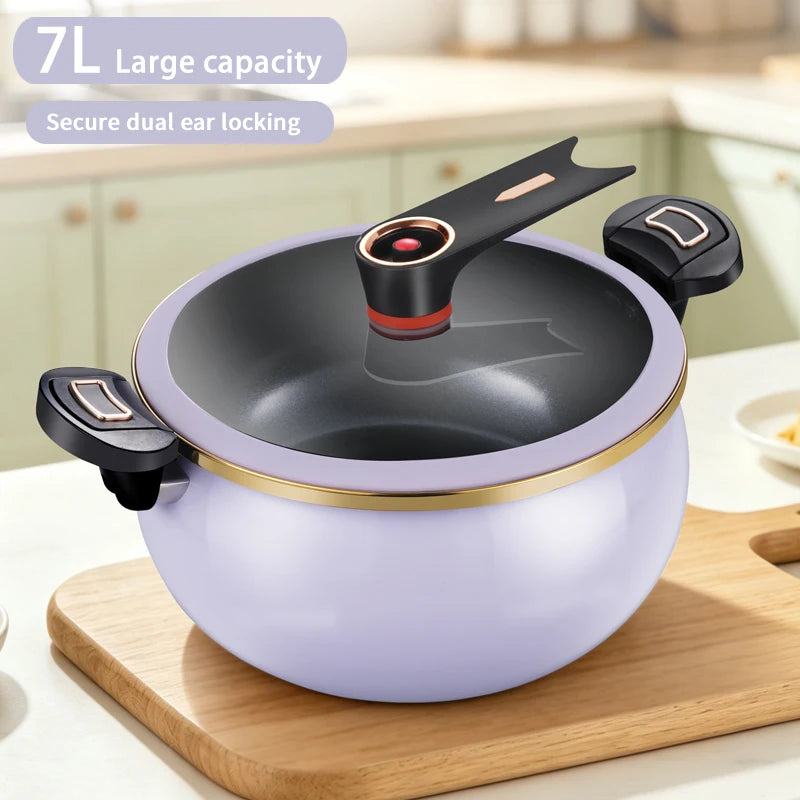 7L micro pressure cooker with light purple pot, glass lid, copper handle accents, side grips