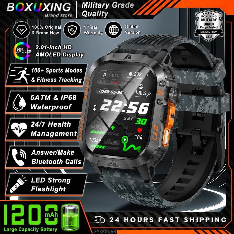New 1200 mAh Battery Rugged Military Smartwatch Men 5ATM Waterproof Fitness Tracker Health Monitor 100+Sports Call Smart Watches