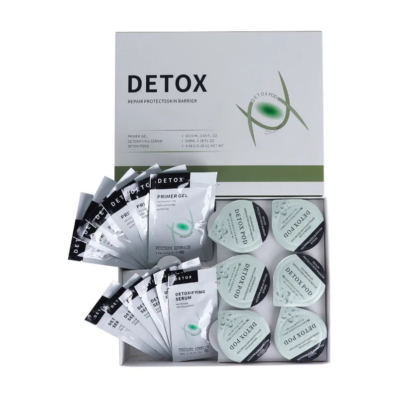 Oxygen jet spa facial set with detox pods, primer gel, and serum sachets for skin exfoliation and rejuvenation.