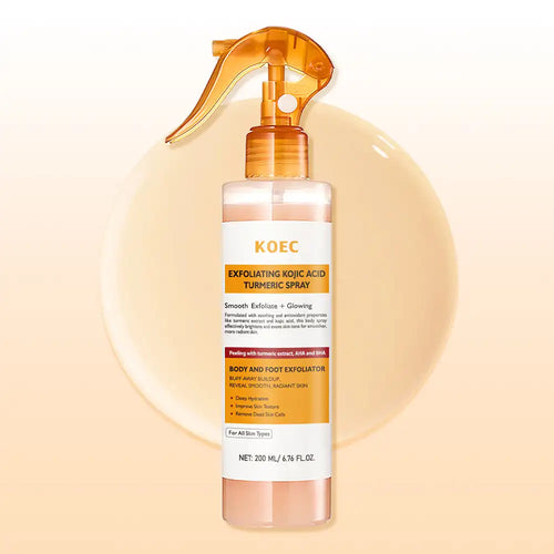 KOEC anti-inflammatory turmeric spray, 200ml, in a clear bottle with an orange nozzle for radiant skin.