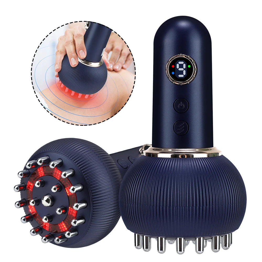 9-gear electric meridian massage brush with microcurrent, red light therapy, and hot compress for body slimming.