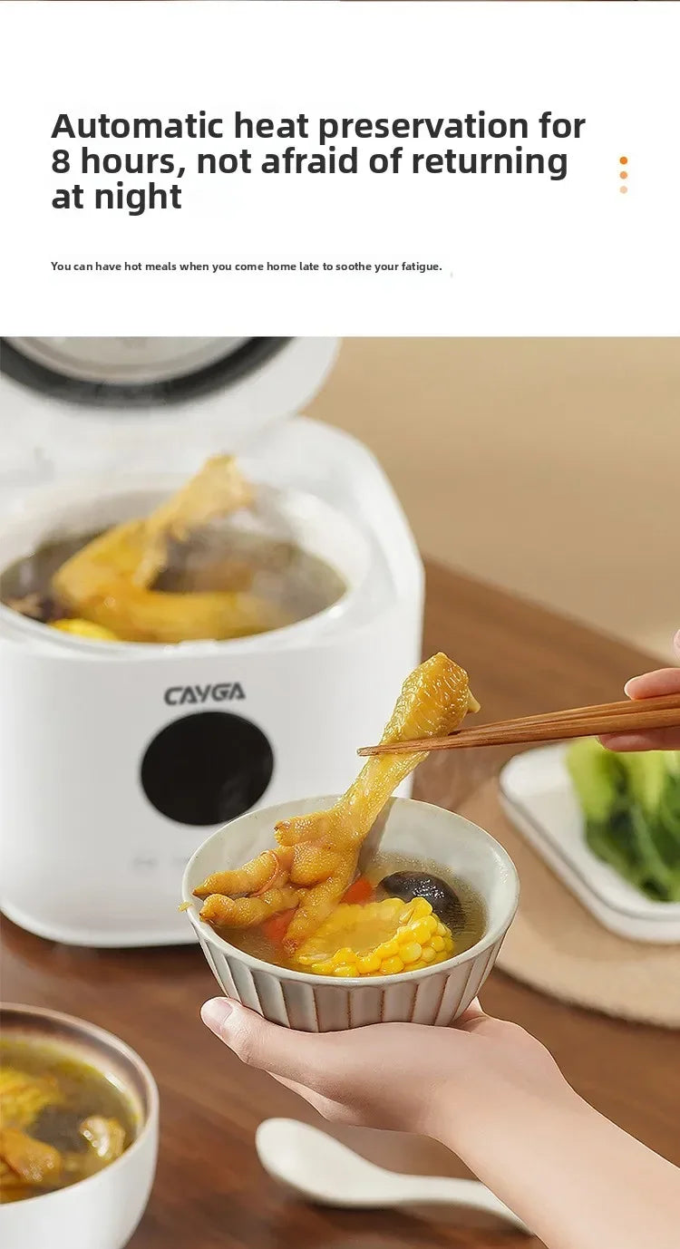 White rice cooker holding cooked food; wooden spoon lifting steamed contents